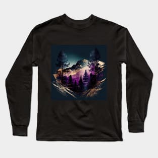 Metallic Purple and Navy Mountains and Trees Long Sleeve T-Shirt